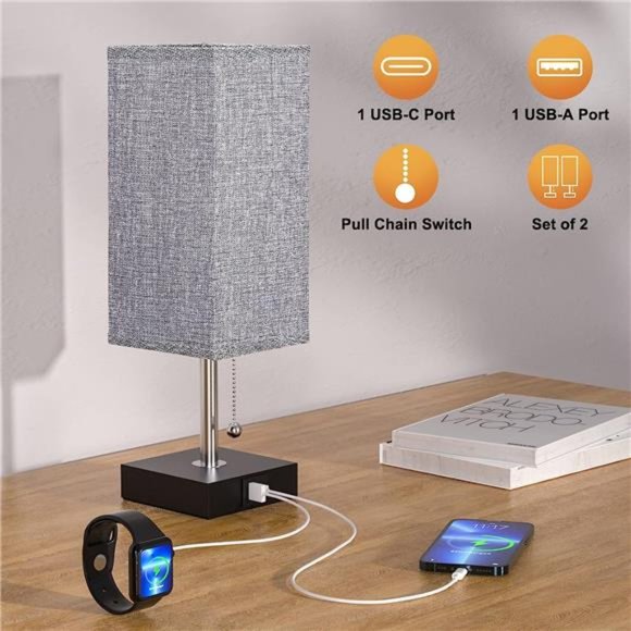 Bedside Lamps for Bedrooms Set of 2 - Table Lamps for Nightstand with USB Ports - Picture 2 of 5